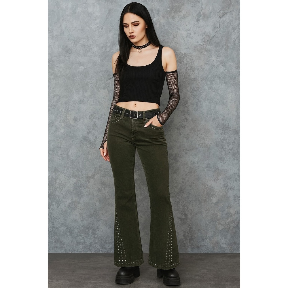 Studded Corduroy Goth Grunge Flare Pants cami intl 12 Army Green Boho Hippie